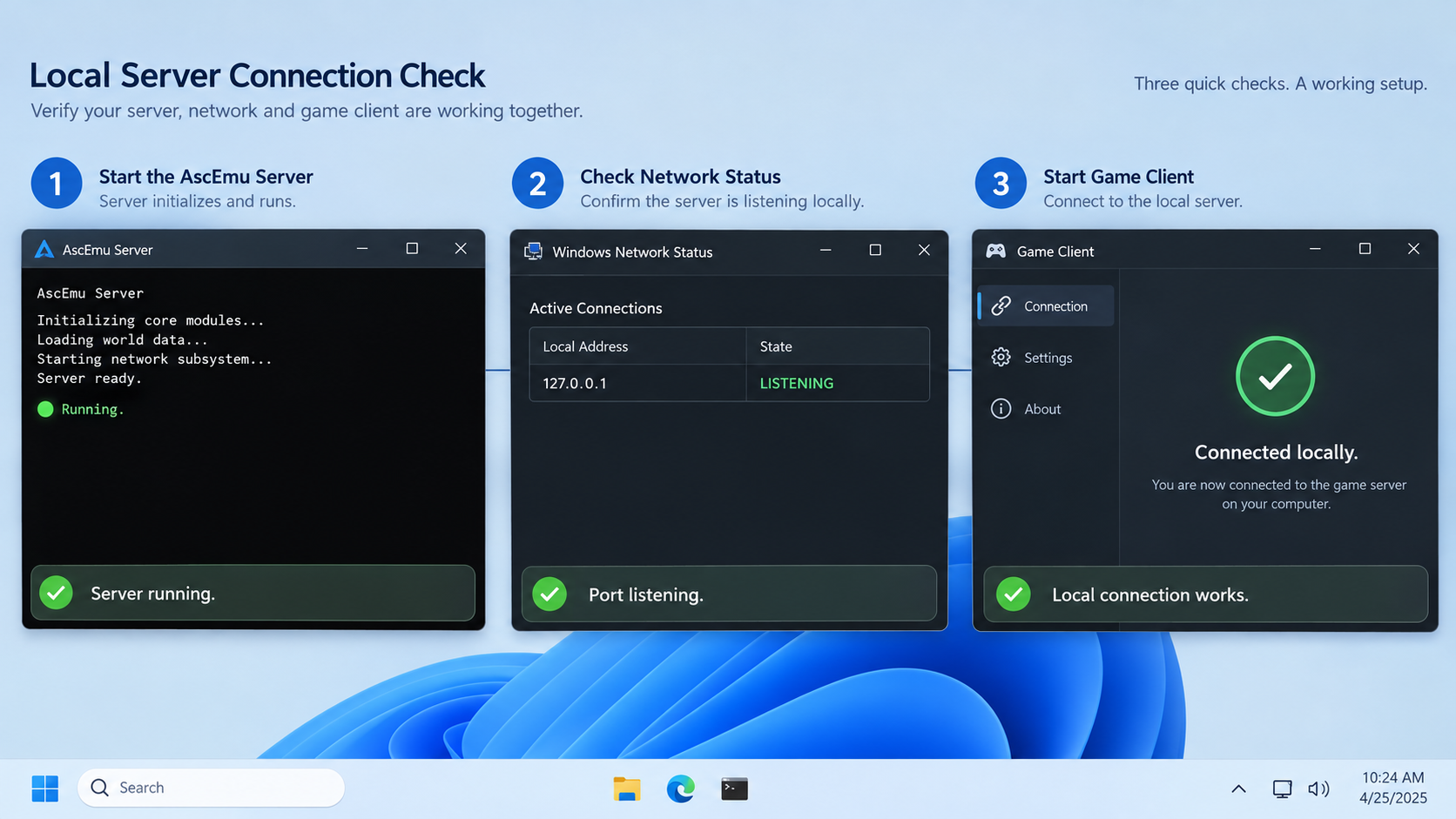 Windows verification view showing AscEmu running, a local TCP listener, and a successful local connection.