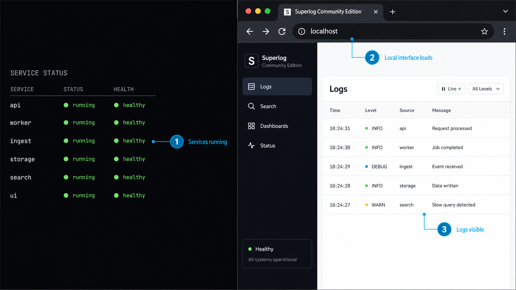 Terminal service checks beside the Superlog interface loaded from localhost.