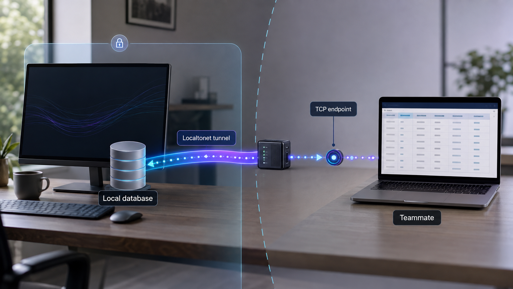 A local database workstation connected through a Localtonet TCP tunnel to a teammate's laptop.