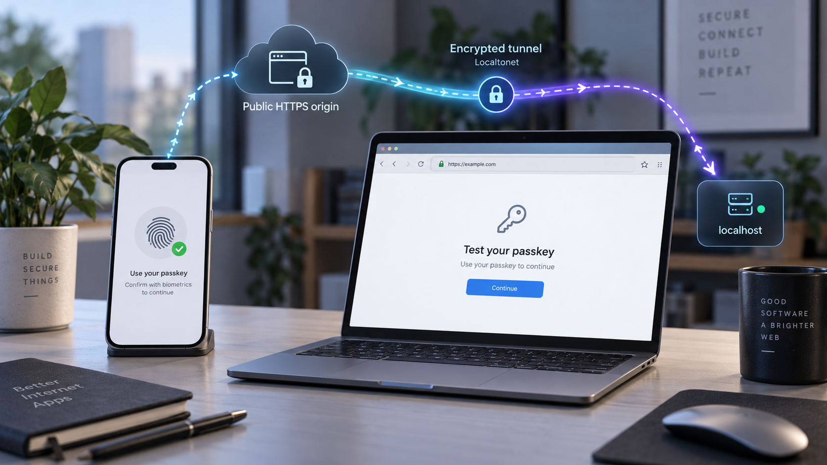 A phone and browser reach a local passkey application through a Localtonet HTTPS tunnel.