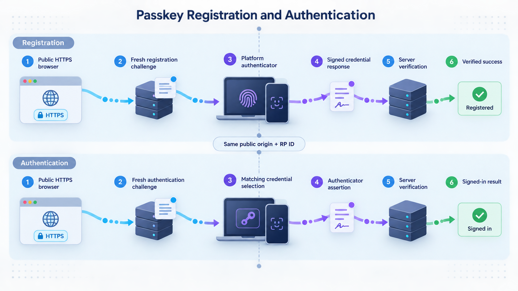 Registration and authentication flows through a public HTTPS origin and passkey authenticator.