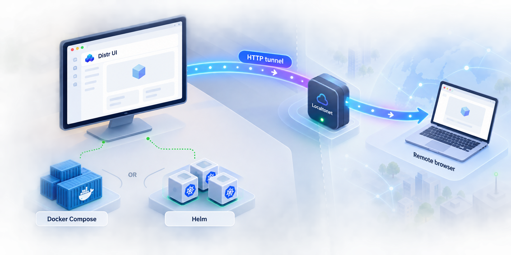 Distr running locally with Docker Compose or Helm and connected to a remote browser through a Localtonet tunnel.