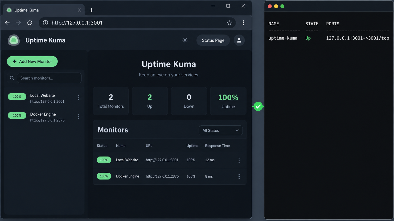 Local Uptime Kuma page loading at 127.0.0.1:3001 beside a running container status.