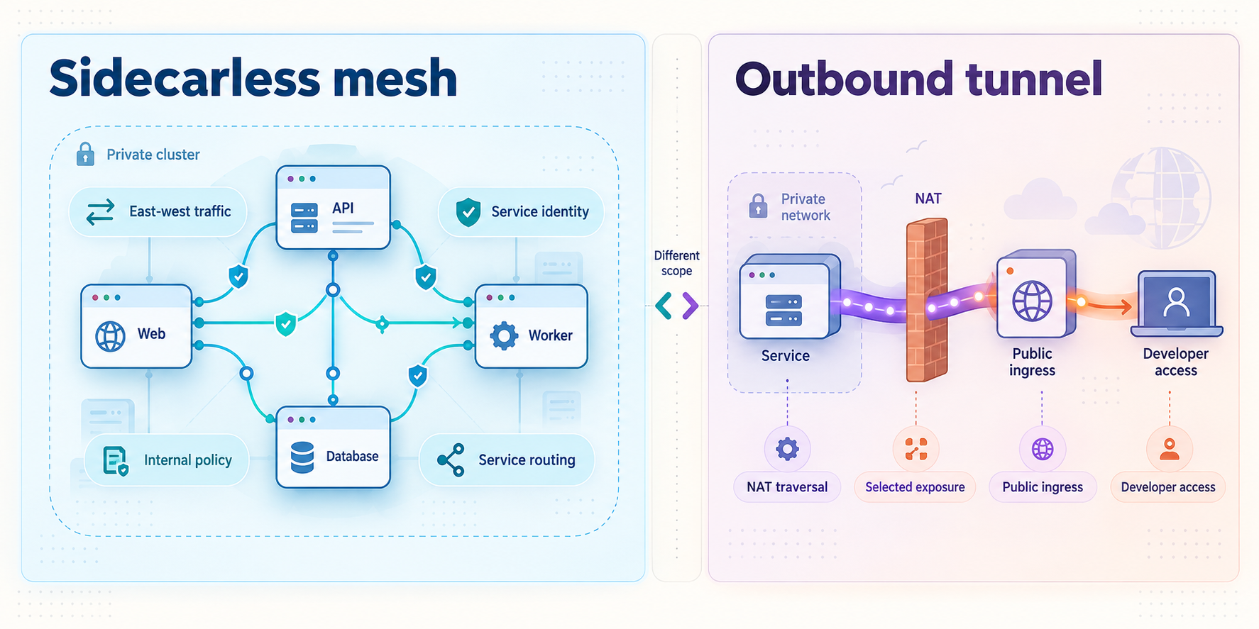 Responsibility comparison between a sidecarless service mesh and an outbound tunnel.