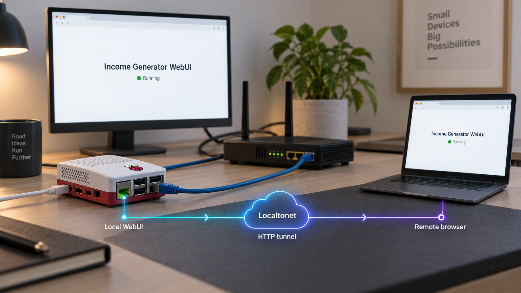 Raspberry Pi hosting a local WebUI connected to a remote browser through an HTTP tunnel.
