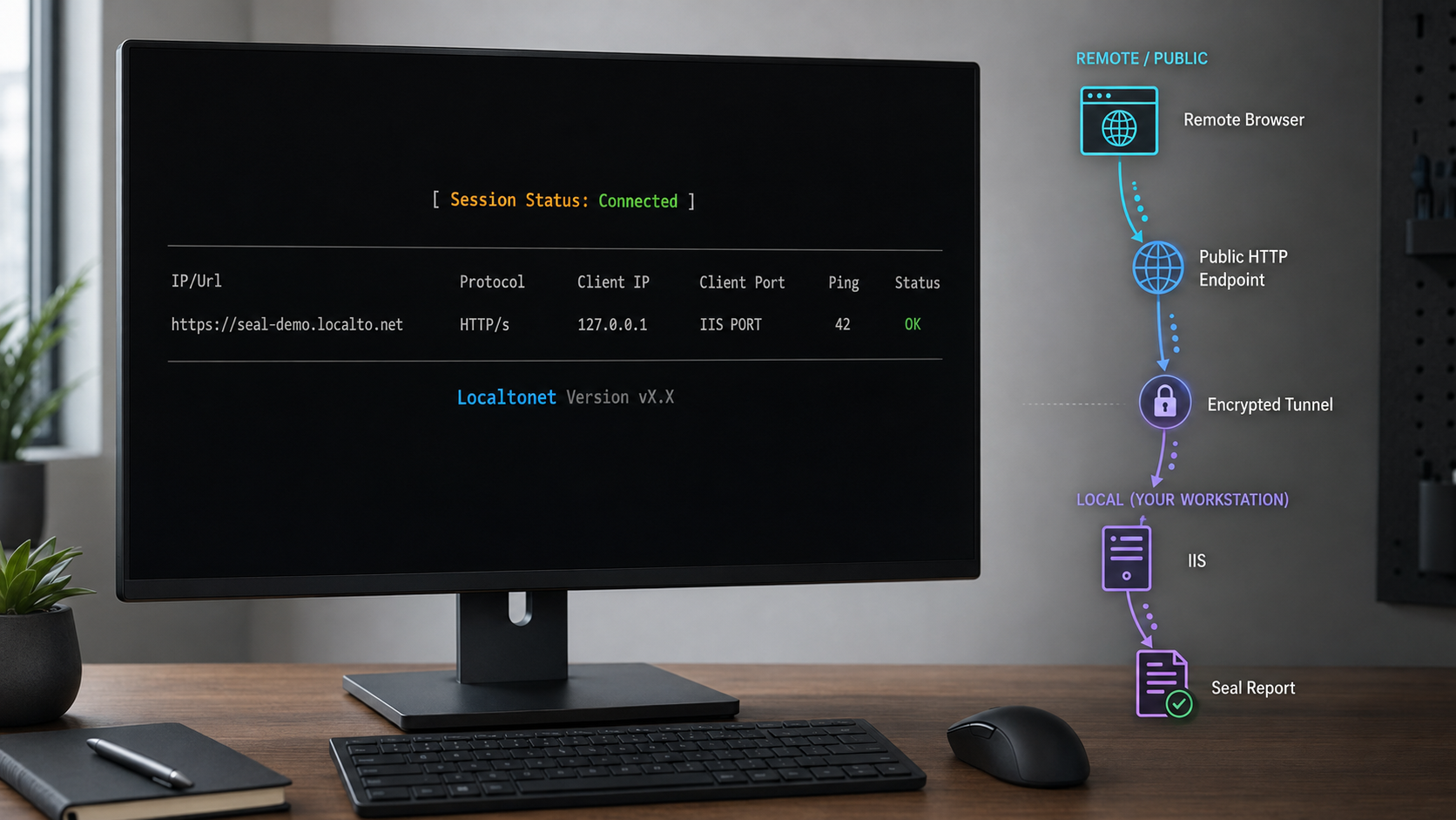 The connected Localtonet console forwards a public HTTP endpoint to the local IIS address serving Seal Report.