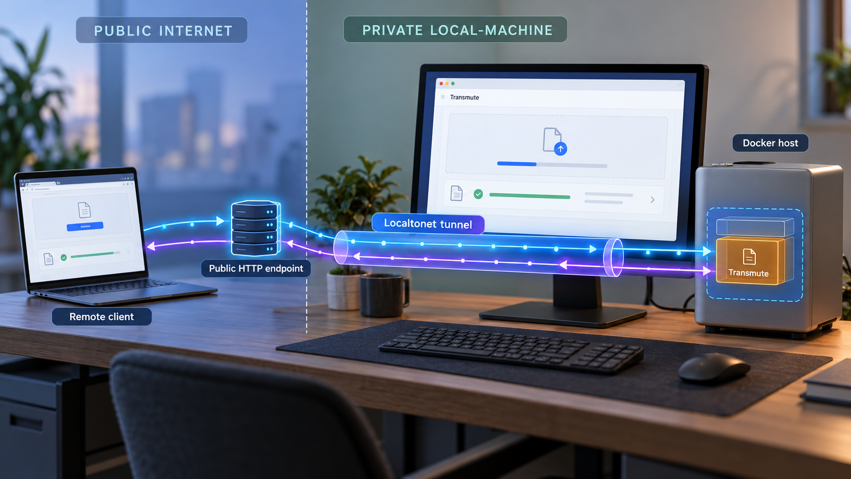 Remote HTTP traffic passes through a Localtonet tunnel to a Transmute container on a private Docker host.