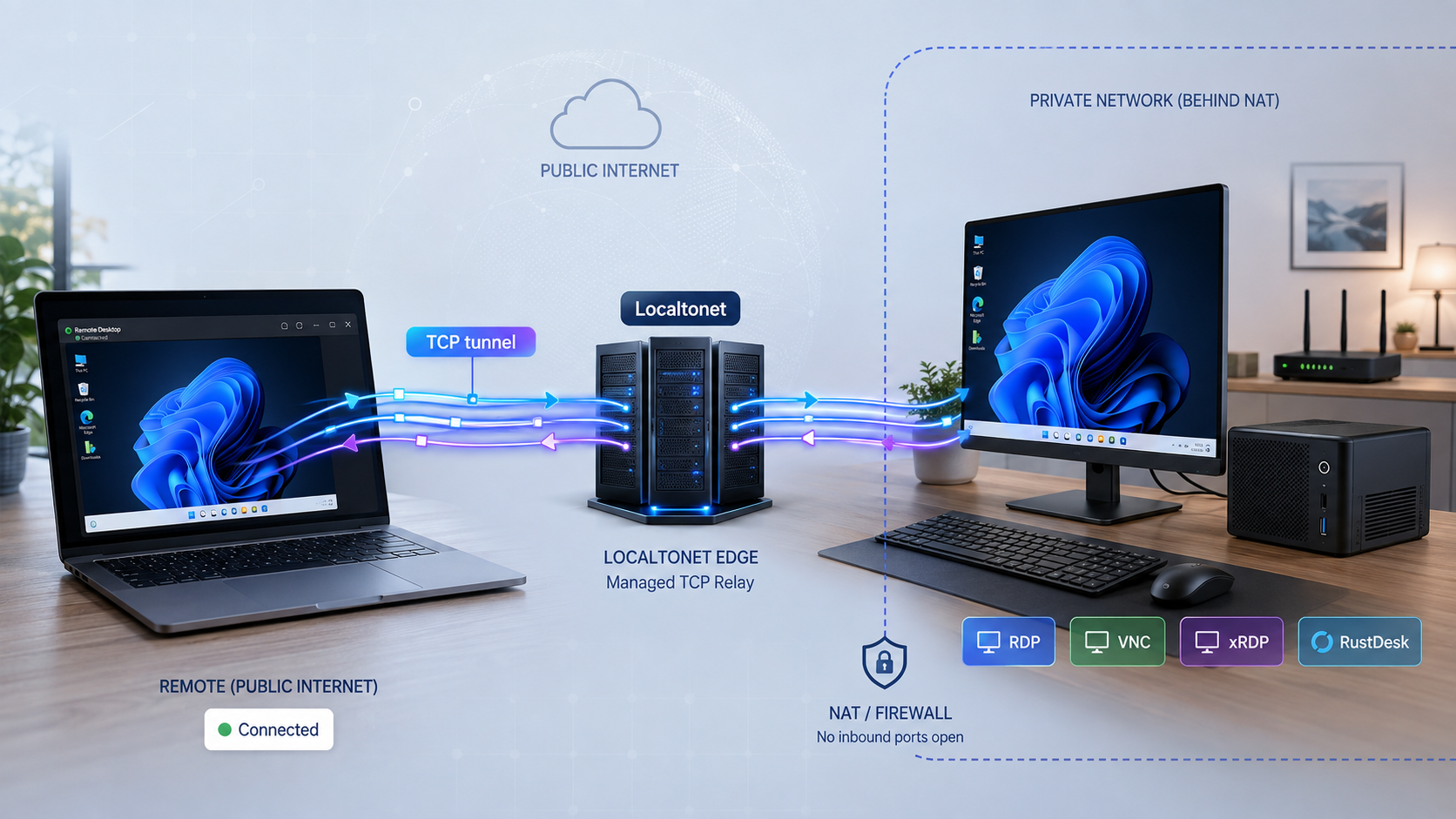 Remote laptop connecting through a Localtonet TCP tunnel to a desktop inside a private network.