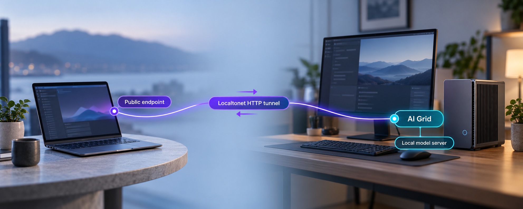 Remote laptop connected through a Localtonet HTTP tunnel to AI Grid and a local model server.