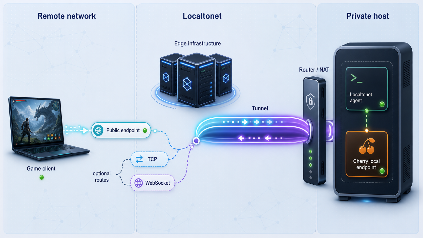 Remote TCP or WebSocket traffic reaching a local Cherry endpoint through Localtonet.
