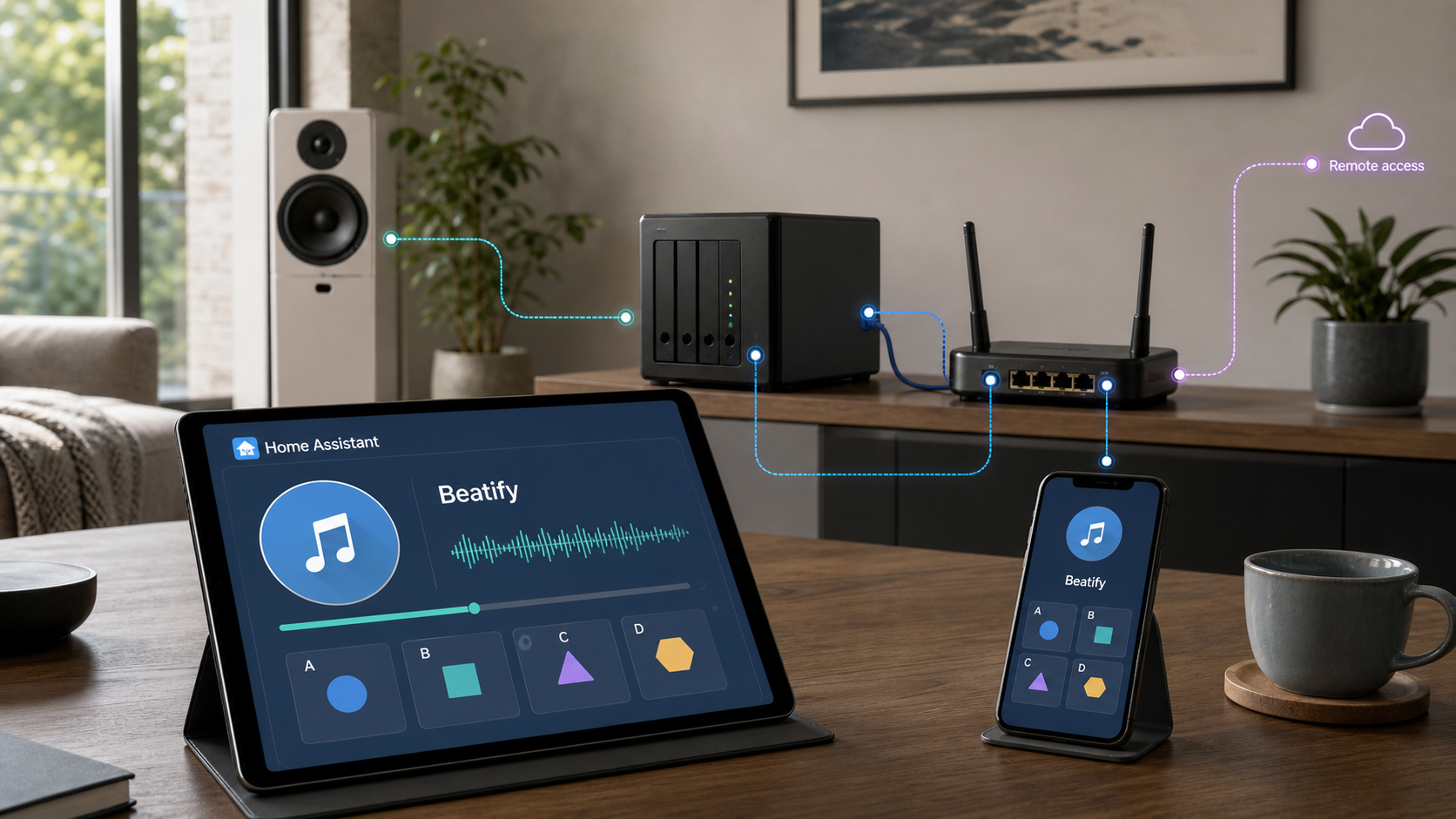 Beatify music quiz running through Home Assistant on a tablet and phone.