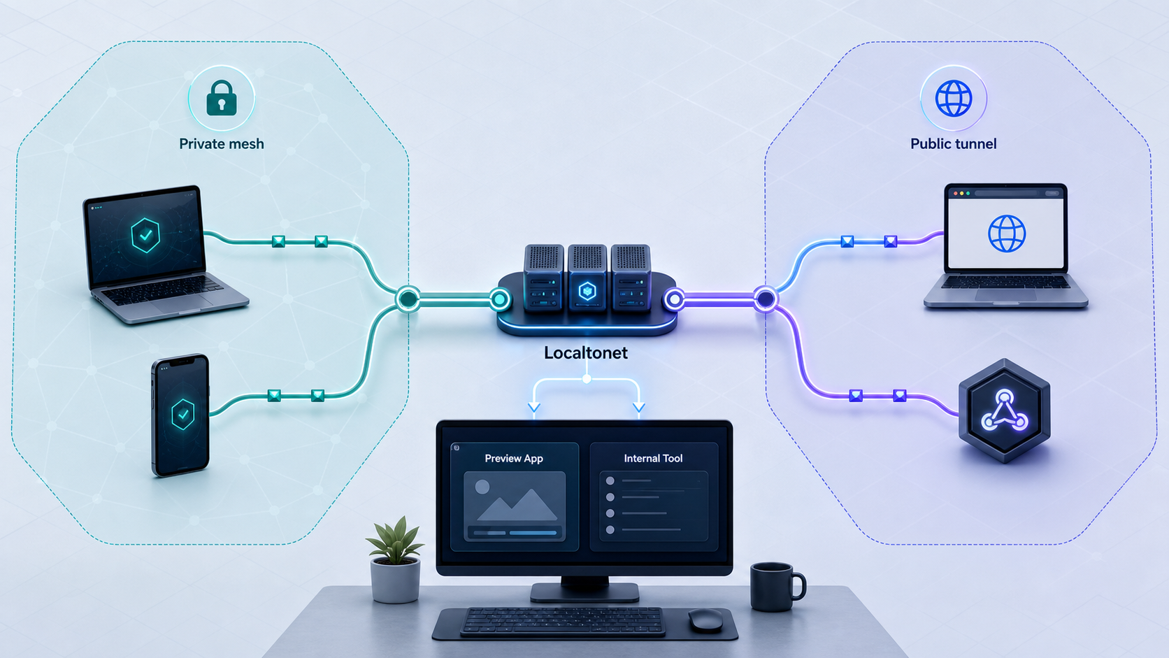 Private mesh and public tunnel paths connecting remote clients to local services.