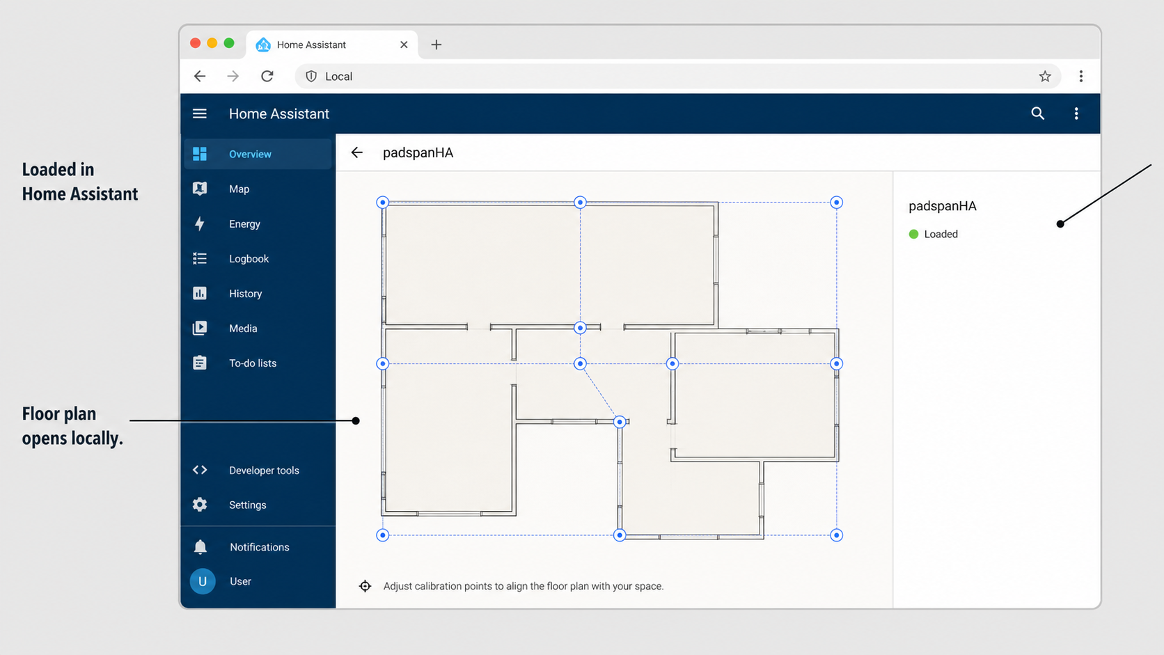 Home Assistant displays a locally loaded padspanHA floor plan and calibration view.