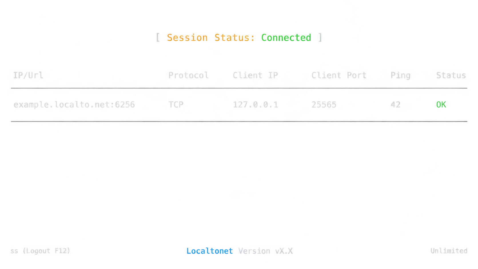 Localtonet console showing a connected TCP tunnel to 127.0.0.1 on port 25565.