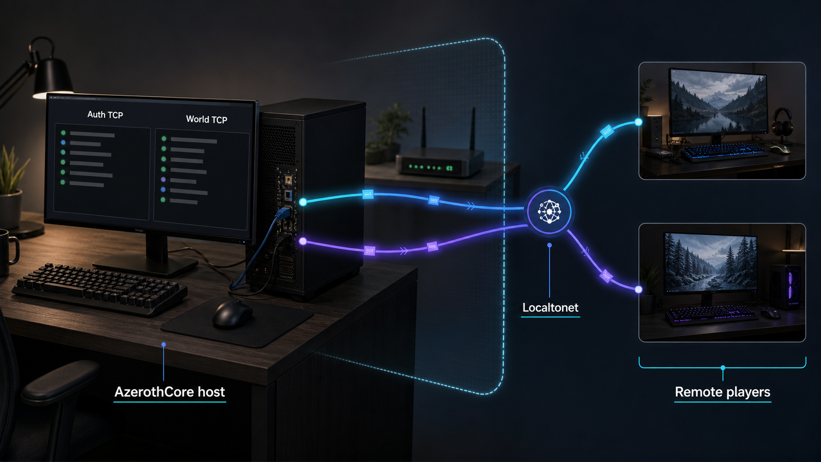 AzerothCore host connected to remote players through separate Localtonet TCP tunnels.