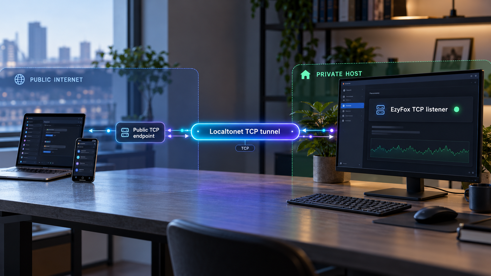 Remote clients connect through a Localtonet TCP tunnel to an EzyFox server running on a local workstation.