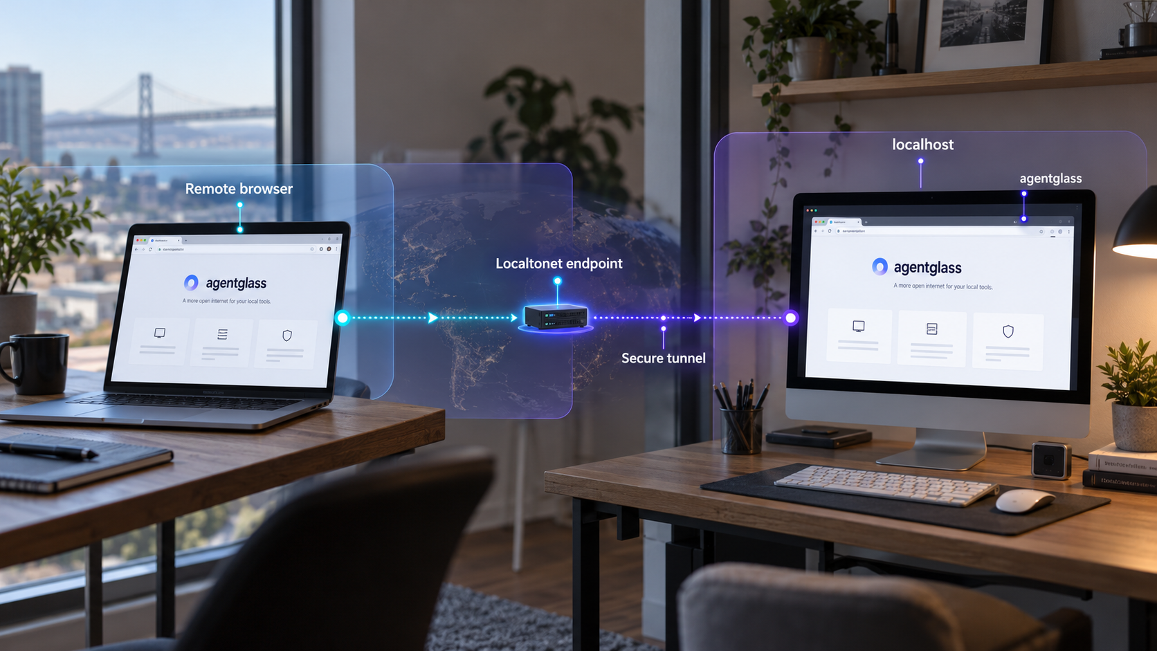 Remote browser reaching a local agentglass service through a secure Localtonet tunnel.