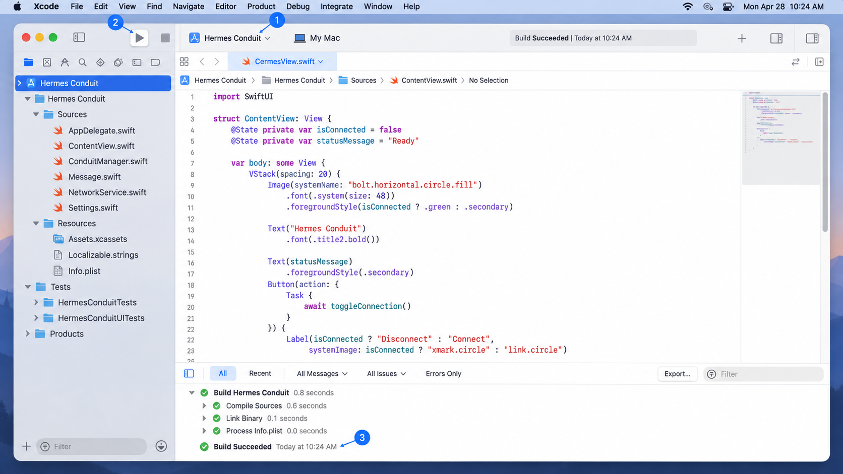 Xcode showing the Hermes Conduit project and a successful Mac build.