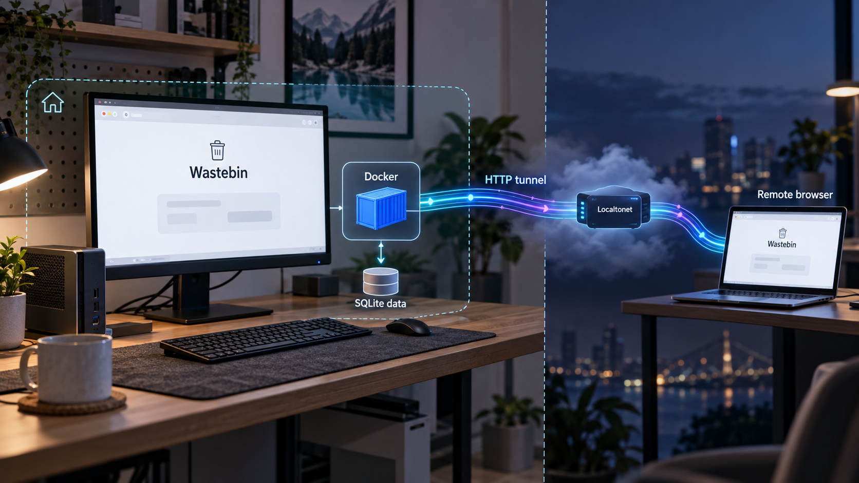 Wastebin running in Docker with persistent SQLite storage and a Localtonet tunnel to a remote browser.