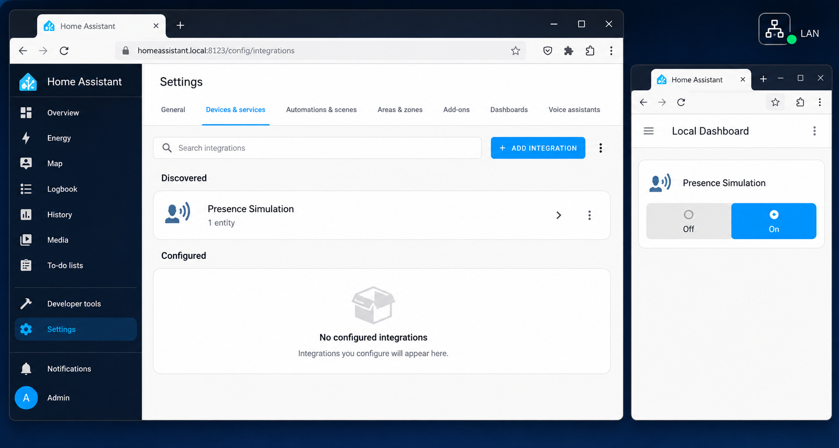 Home Assistant shows Presence Simulation in Devices and services and exposes its local control entity.