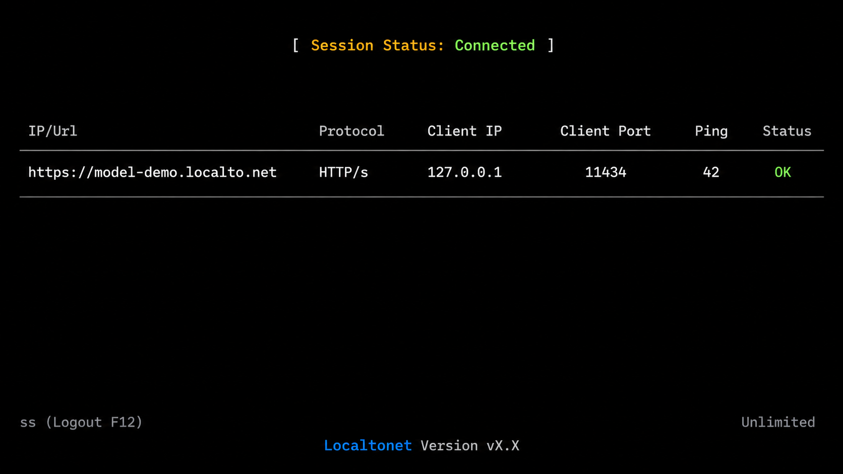 Localtonet console showing a connected HTTP tunnel to the local model server.