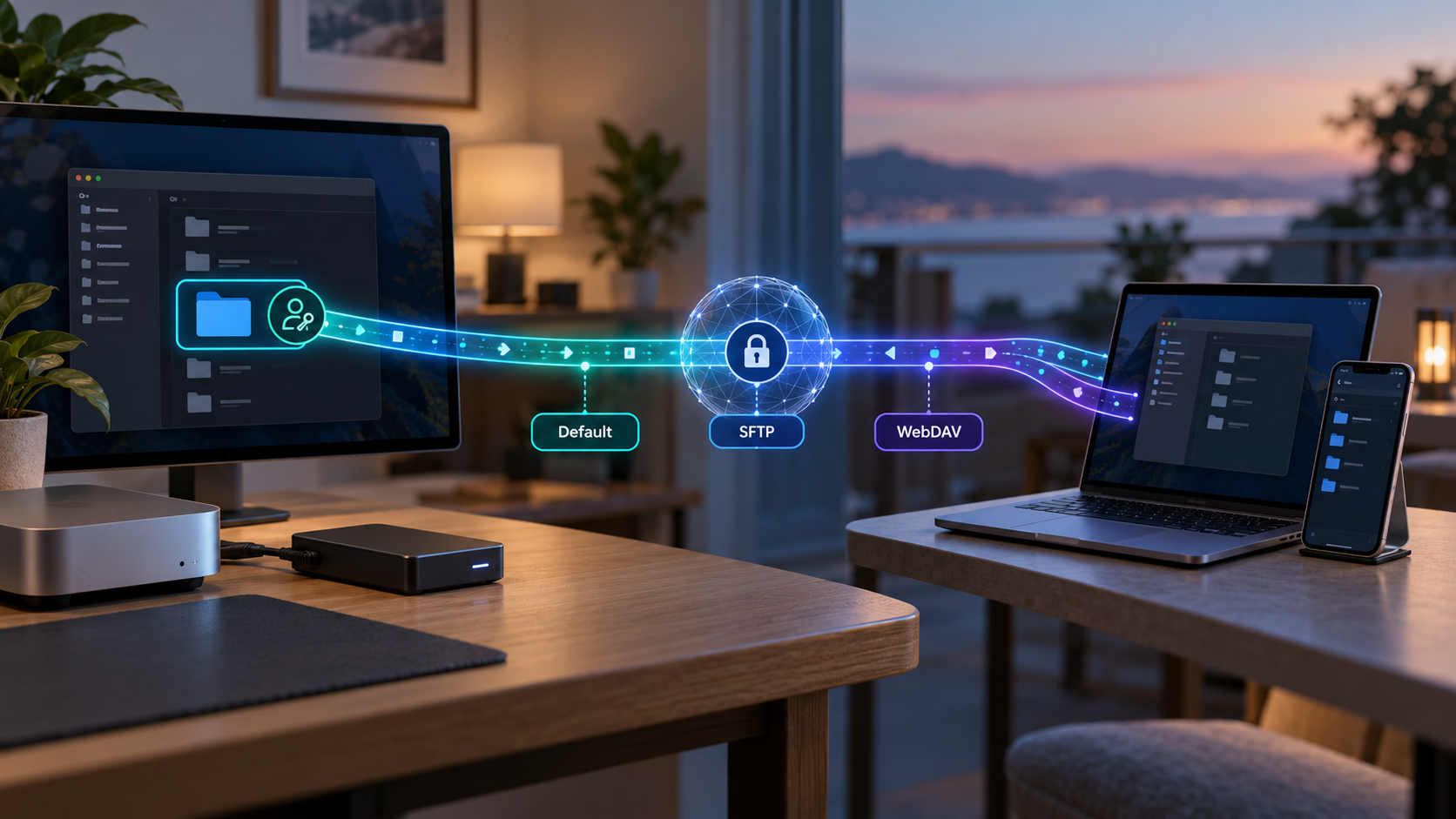 Remote devices securely access a folder on a local computer through a file-server tunnel.