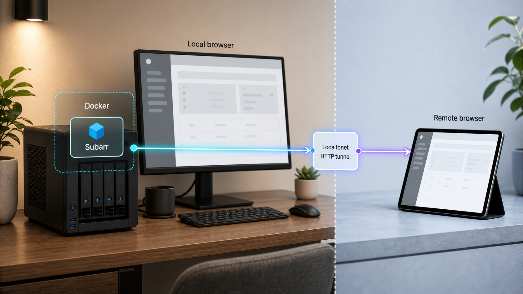 Subarr running in Docker and connected to a remote browser through a Localtonet HTTP tunnel.