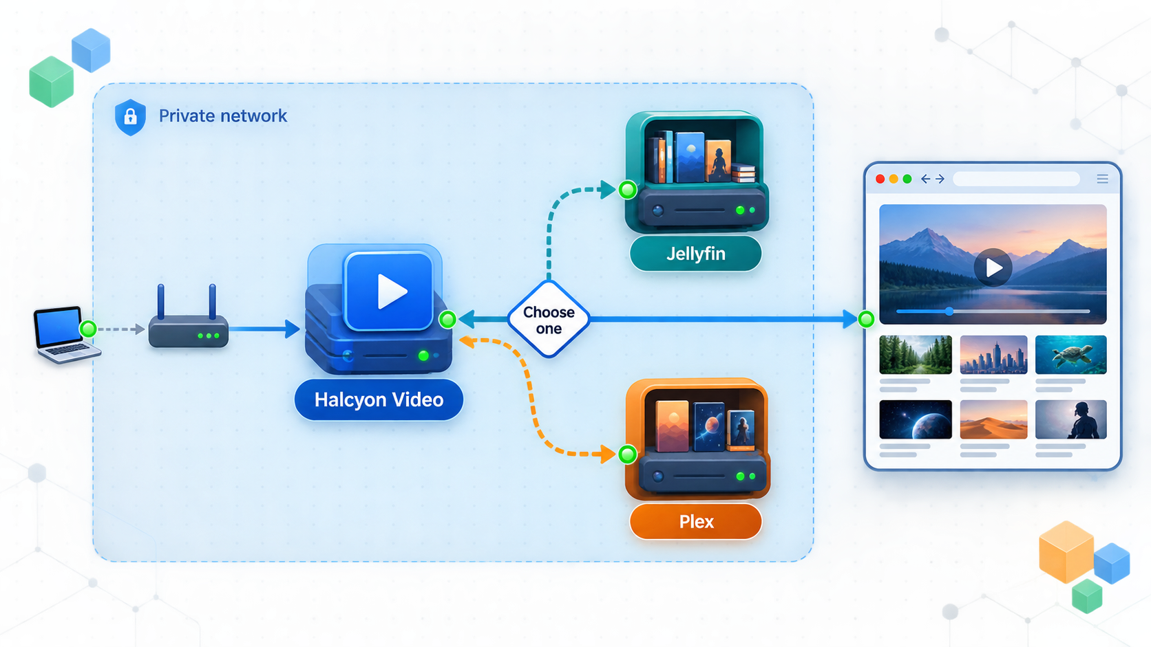 Halcyon Video connects to either a Jellyfin server or a Plex server on the private network.