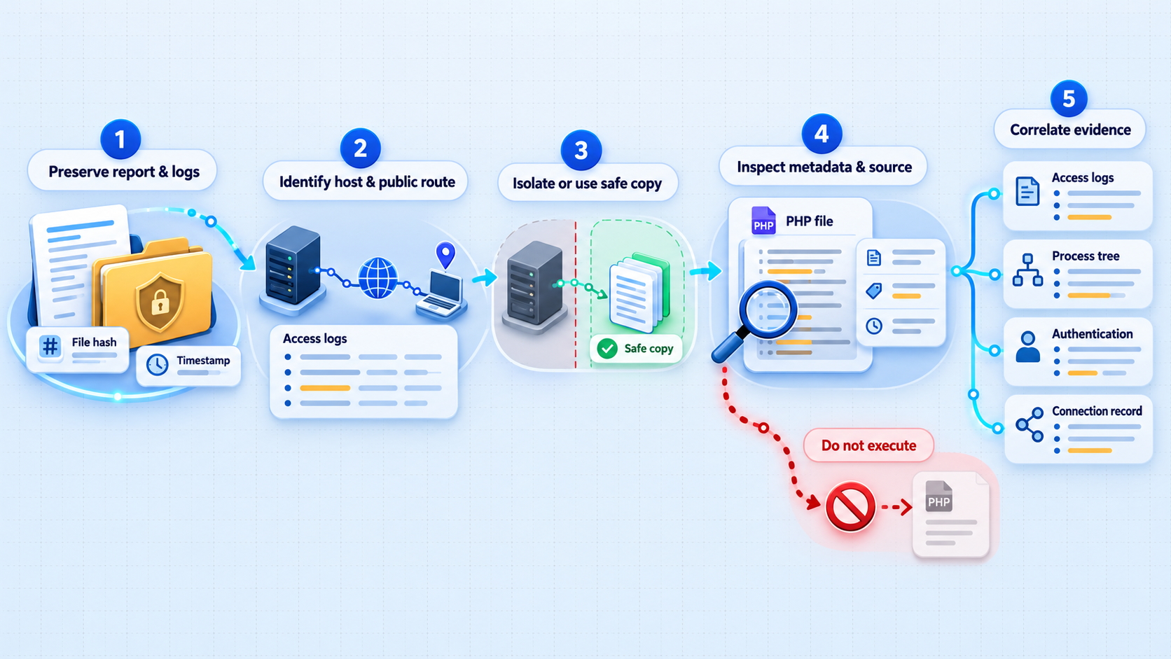 Five-step workflow for safely validating a suspected PHP web shell without executing it.