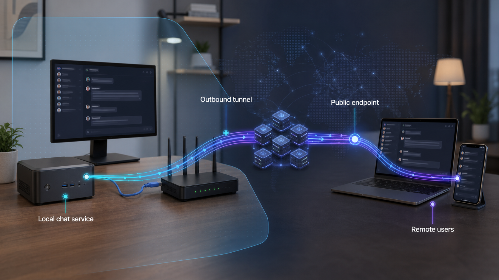 A local chat server reaches remote devices through an outbound Localtonet tunnel and public endpoint.