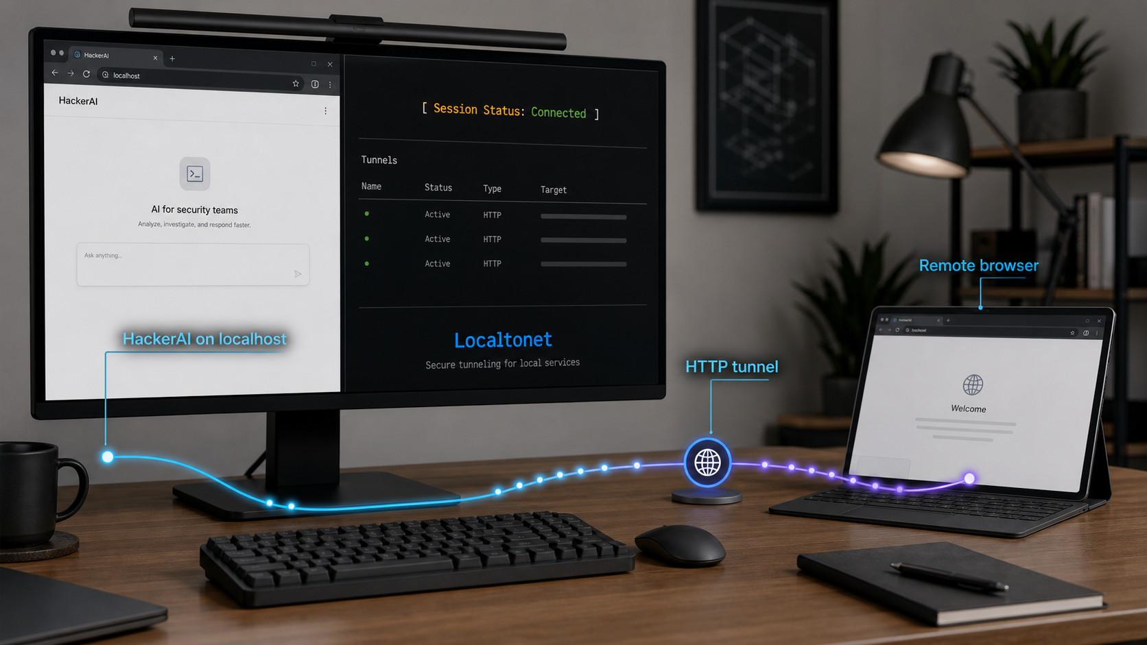 HackerAI running locally and connected to a remote browser through a Localtonet HTTP tunnel.