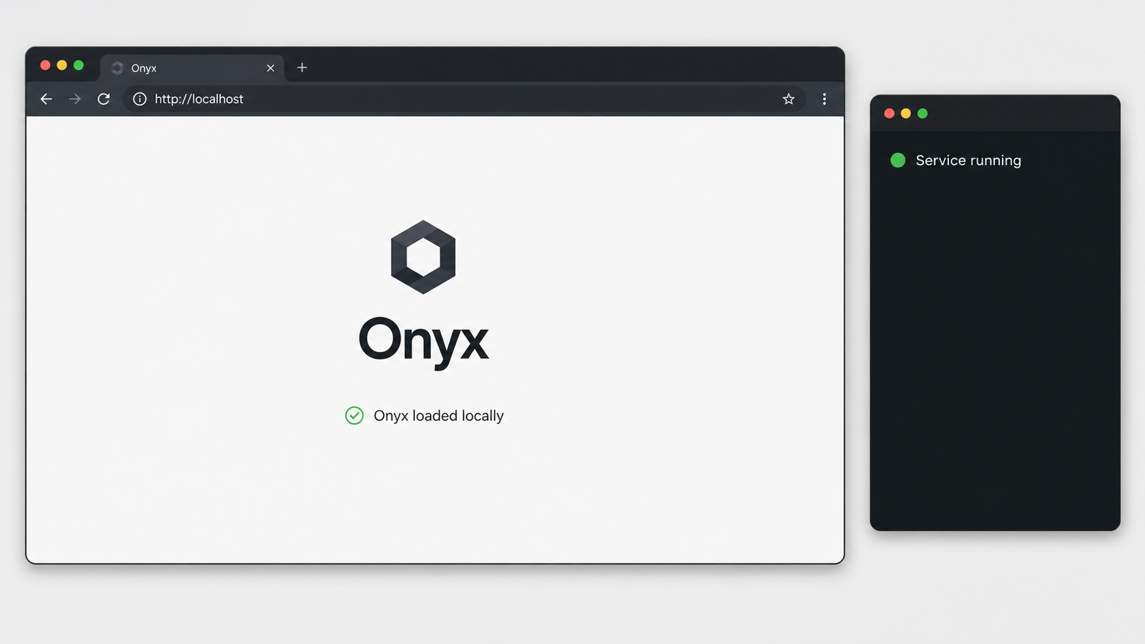 Onyx loaded in a local browser beside a running service status.