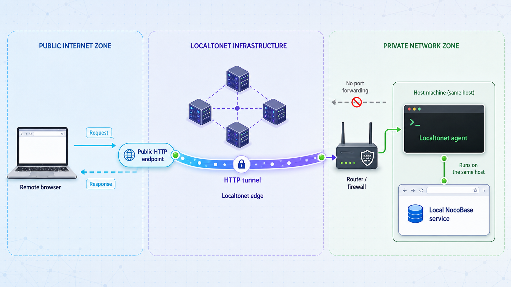 Remote browser traffic reaches a local NocoBase service through a Localtonet HTTP tunnel.