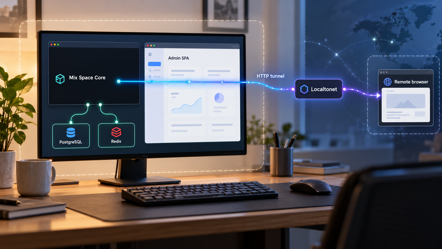 Local Mix Space services connected to a remote browser through a Localtonet HTTP tunnel.