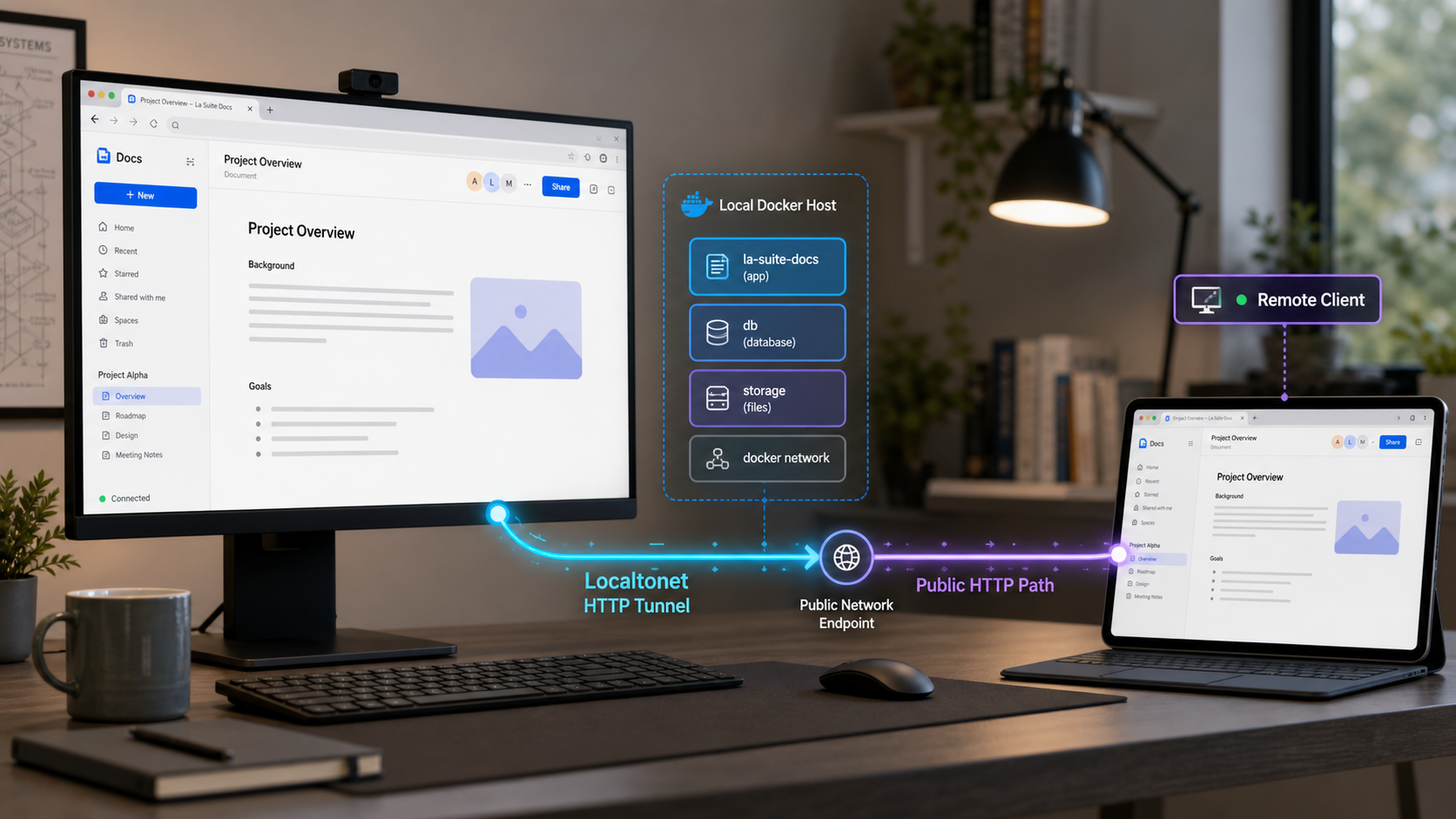 La Suite Docs running in Docker and connected to a remote browser through Localtonet.