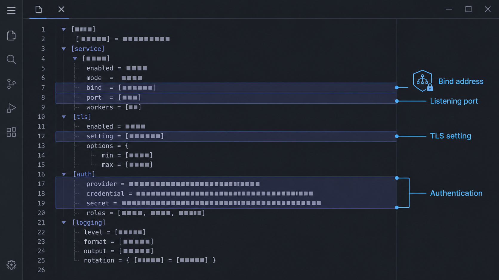 Wings configuration review highlighting network, TLS, and authentication settings.