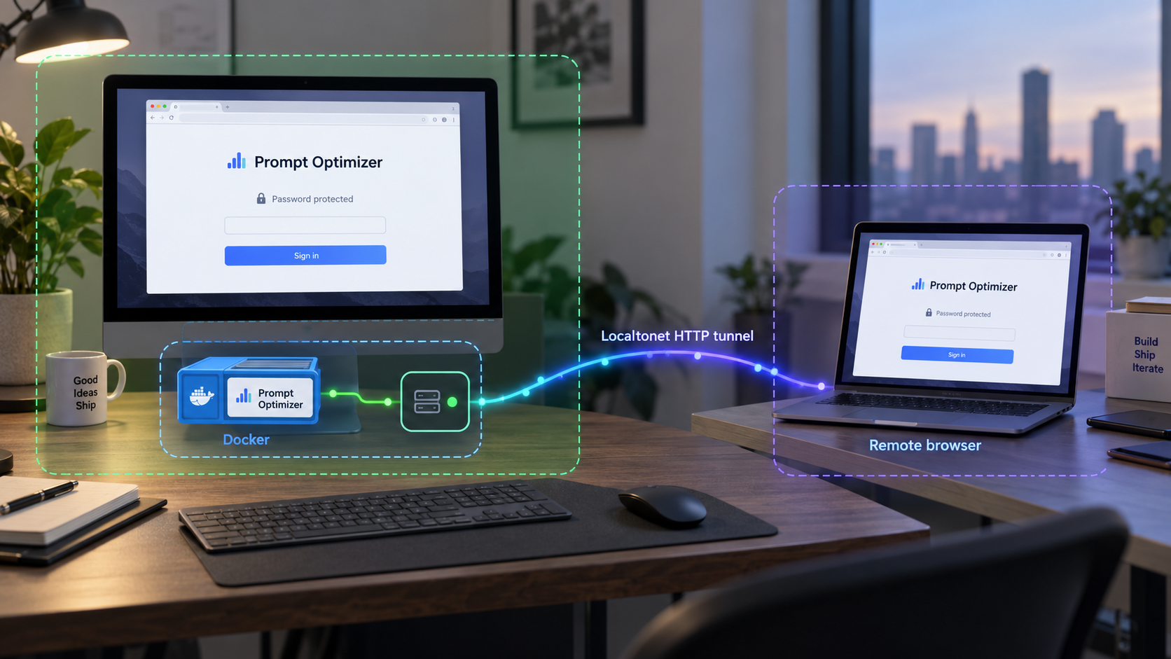 Prompt Optimizer running in Docker and reached remotely through a Localtonet HTTP tunnel.