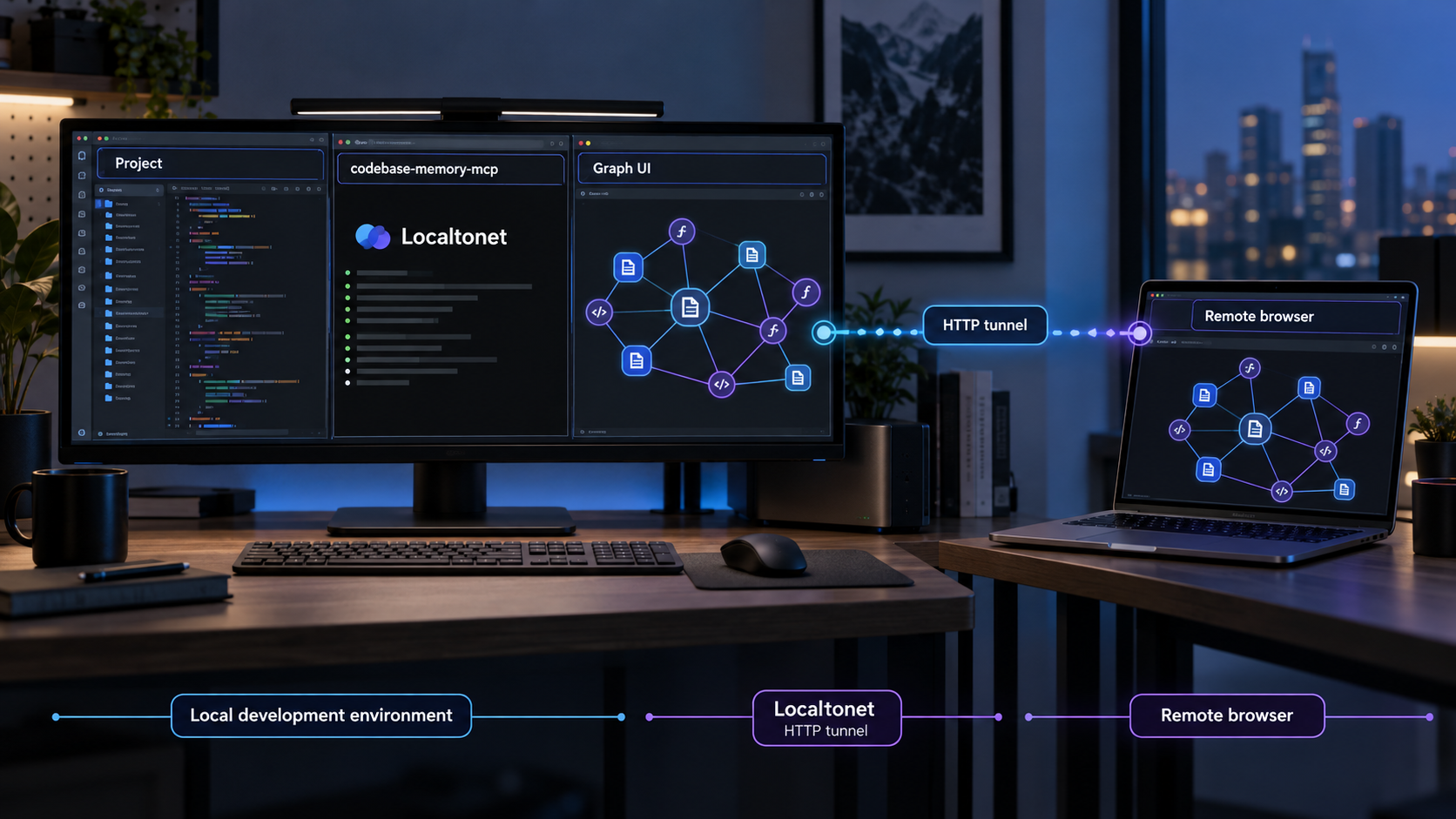 A local code knowledge graph connected to a remote browser through a Localtonet HTTP tunnel.