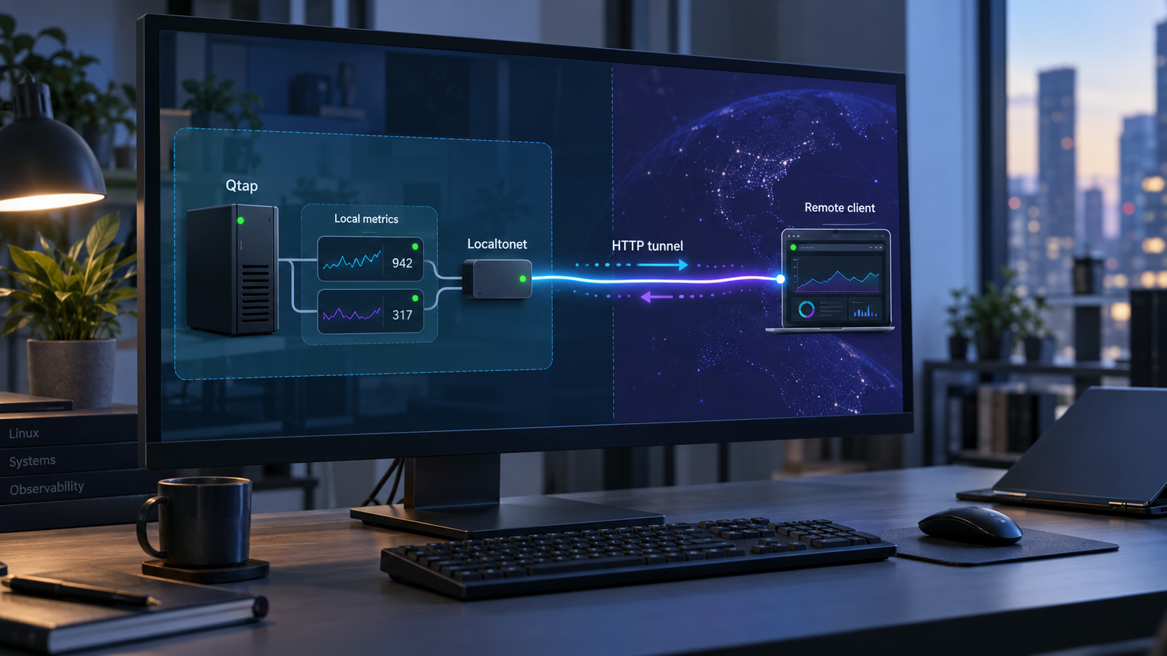 Qtap metrics on a Linux host reaching a remote client through a Localtonet HTTP tunnel.