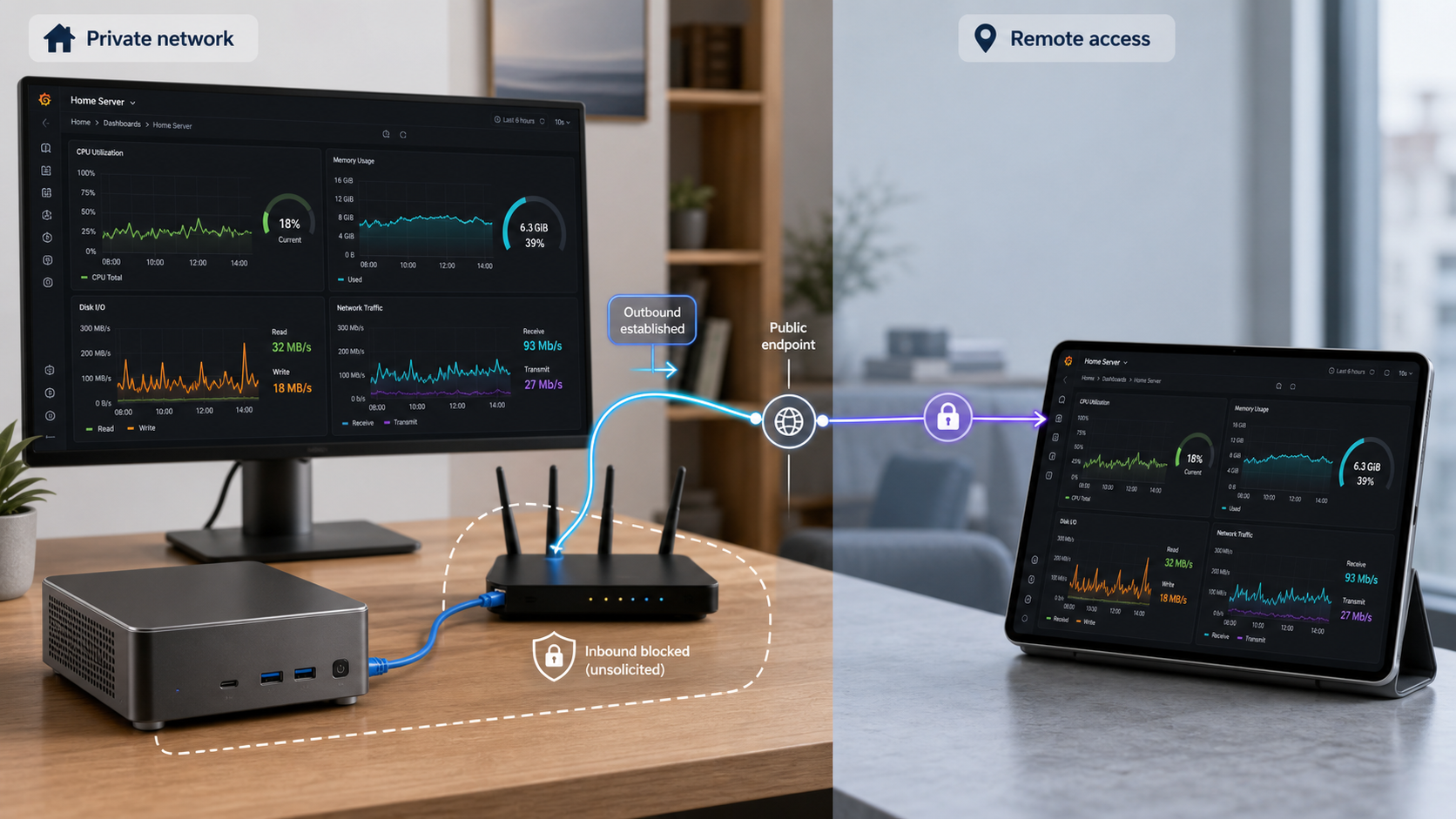 A self-hosted Grafana server sends a dashboard through a secure tunnel to a remote tablet.