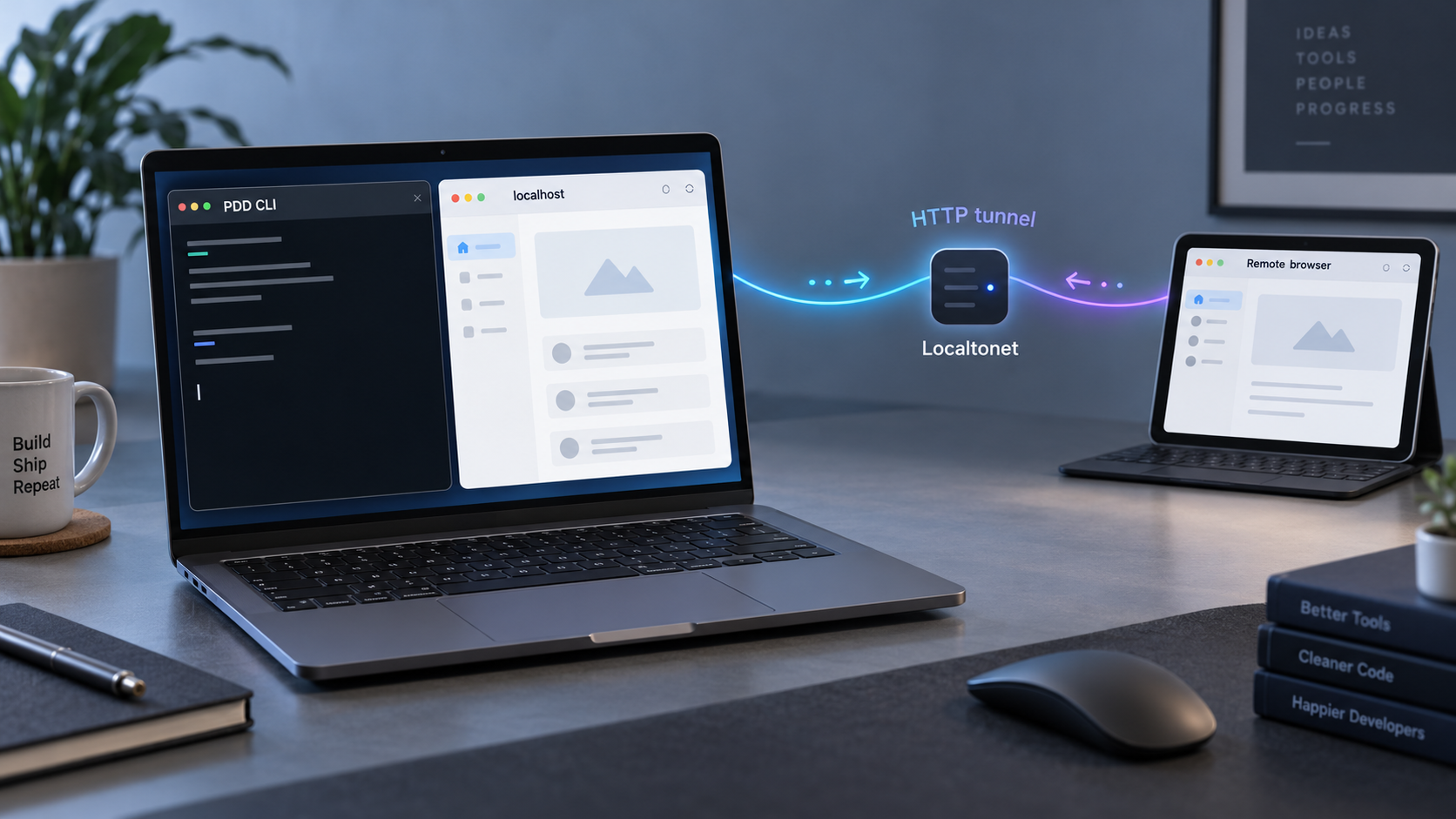 PDD CLI and its local web interface connected to a remote browser through an HTTP tunnel.