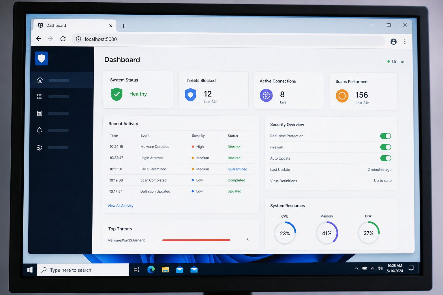 Browser window on Windows showing a security dashboard loaded from localhost.