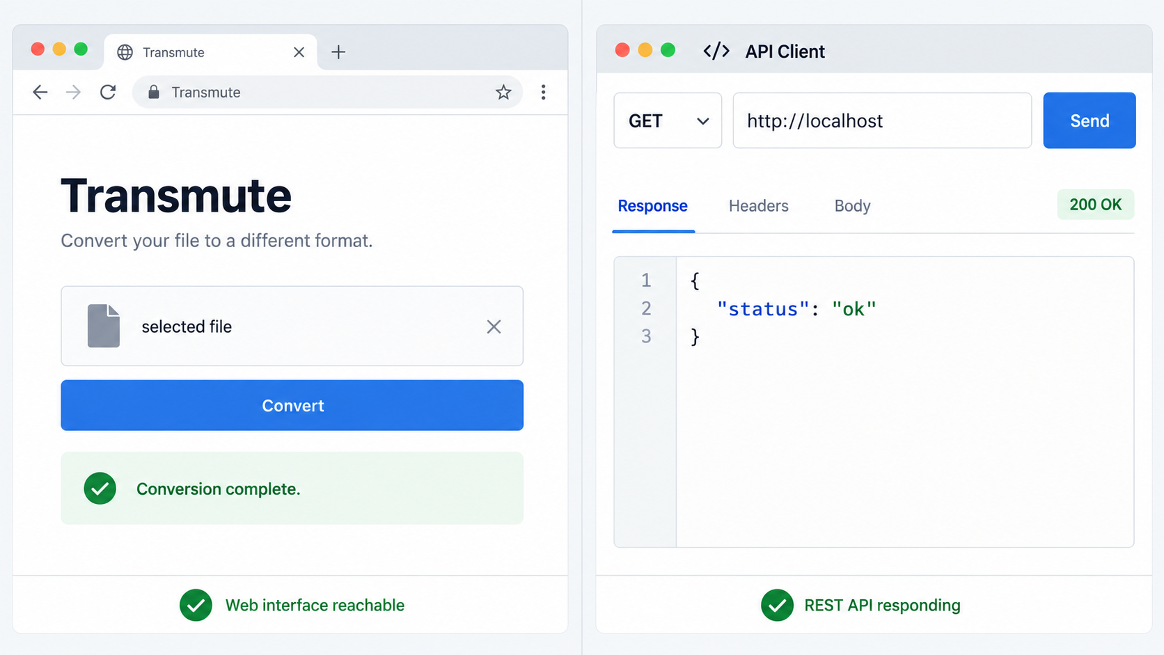 A local browser and API client both show successful responses from Transmute.