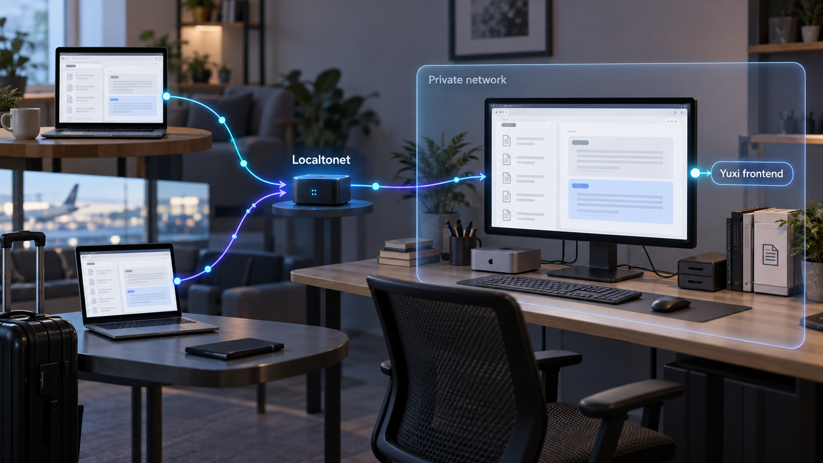 Remote team laptops connect through Localtonet to a Yuxi knowledge base running on a private host.