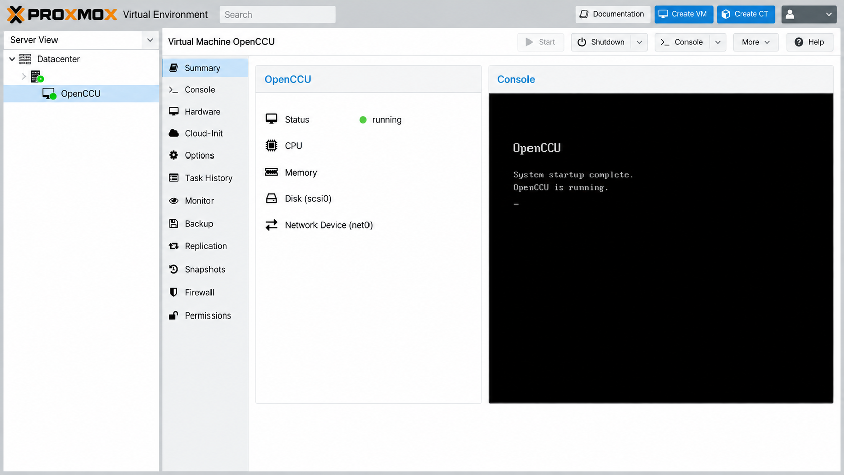 OpenCCU virtual machine running in the Proxmox VE interface.