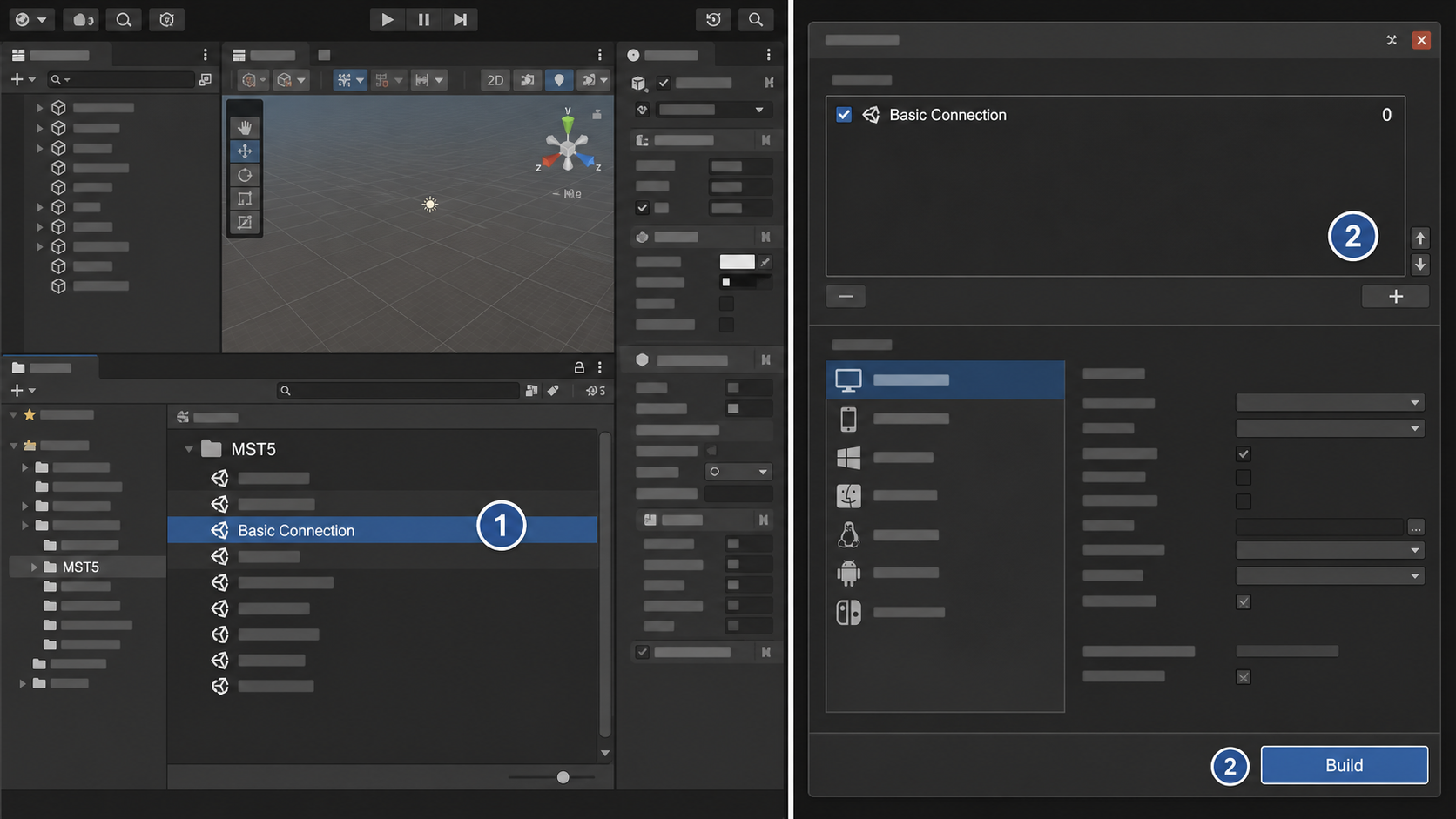 Unity Editor workflow for selecting and building the MST5 Basic Connection demo.