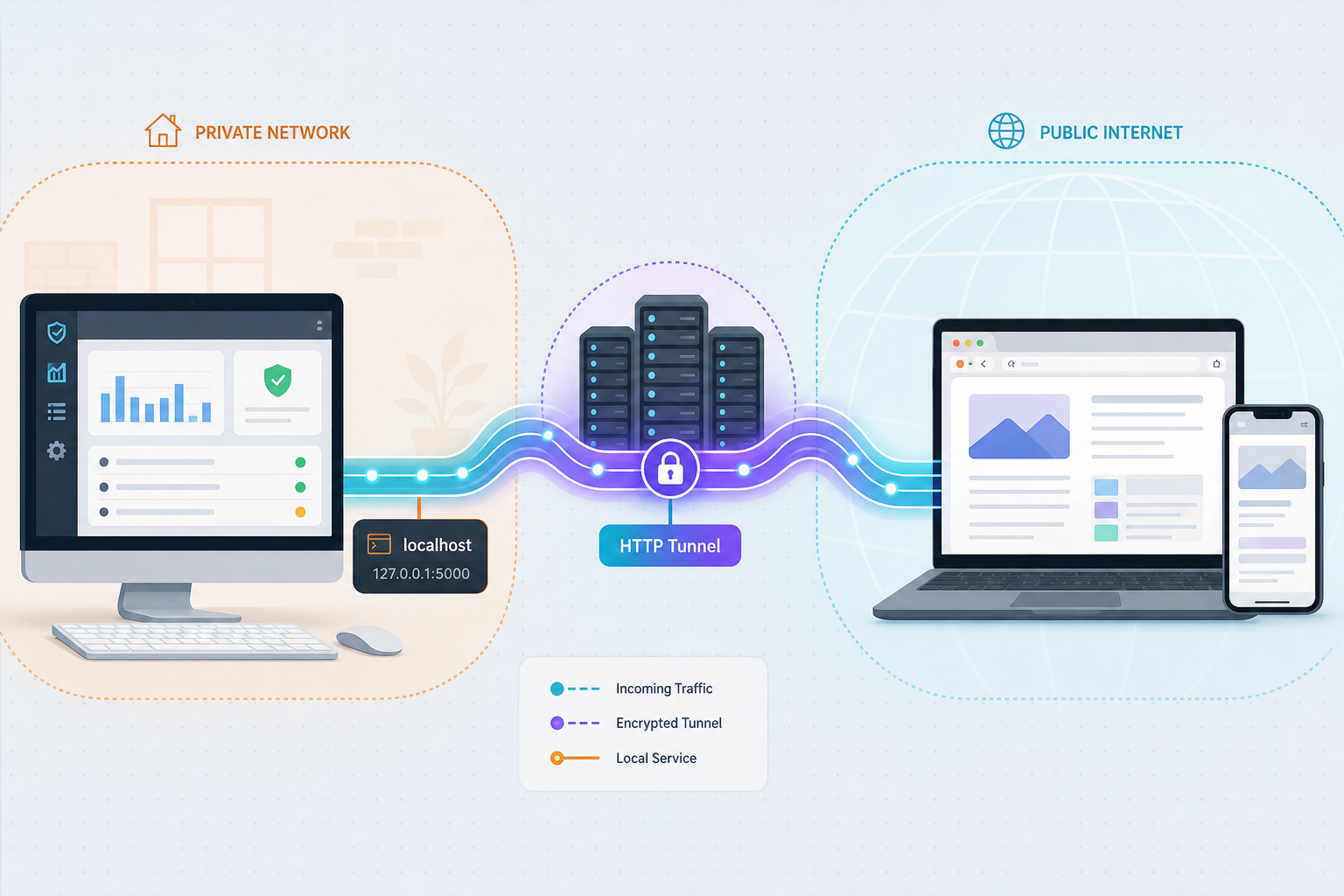 Illustration of a local Windows dashboard connected through an HTTP tunnel to a remote laptop and phone.