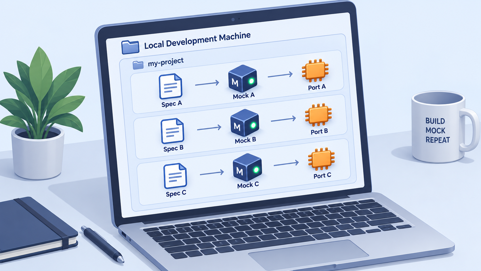 Three OpenAPI documents map to separate Mockzilla services and local ports.