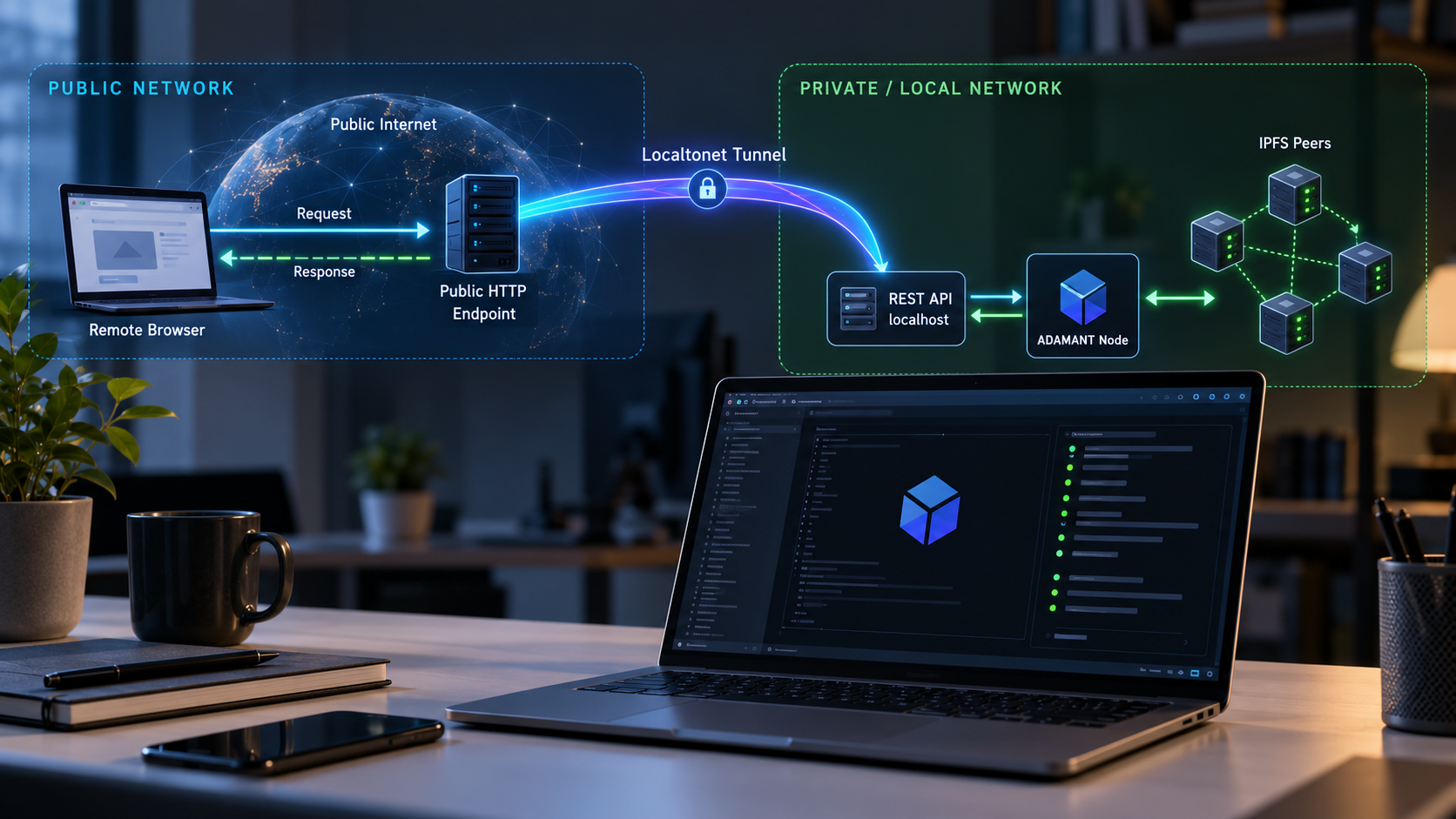 ADAMANT IPFS Node running locally while Localtonet carries HTTP requests through a tunnel.