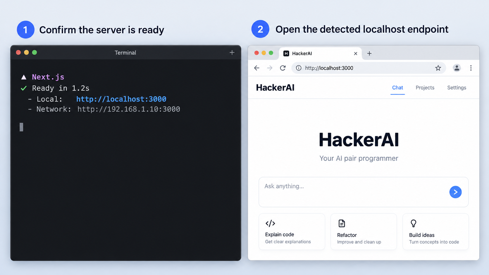 Next.js terminal and browser confirming that HackerAI works at its local endpoint.